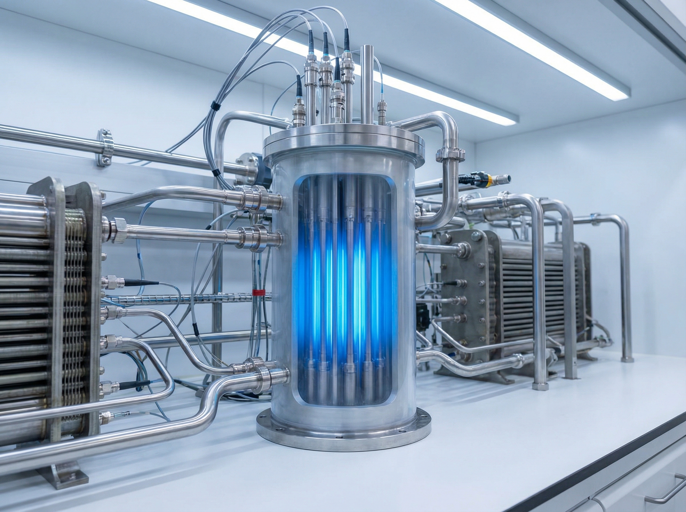 Close-up of a small modular reactor core, advanced technology, glowing blue light, intricate pipes and high-tech components, clean laboratory setting, professional photography, 4:3 aspect ratio, no text