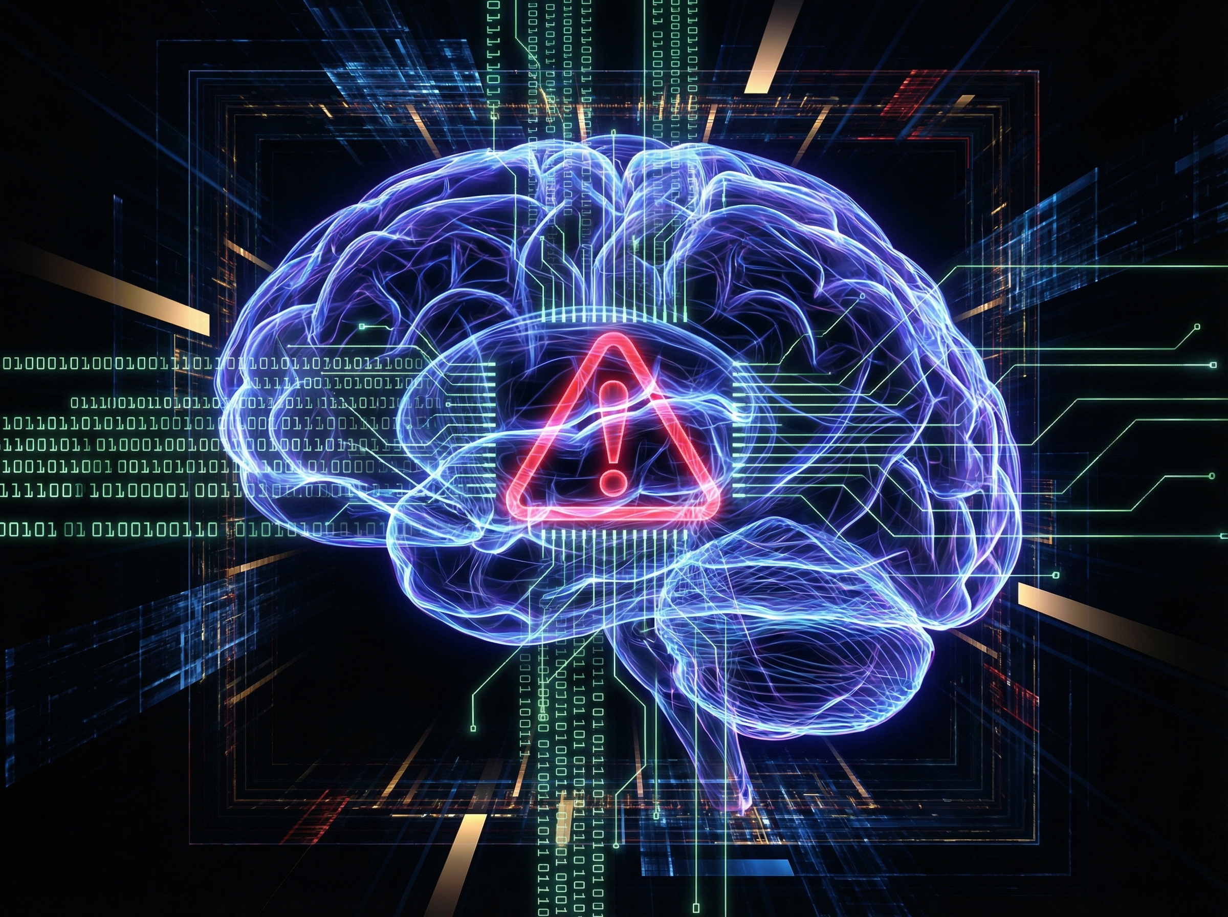 A conceptual digital artwork representing AI ethics, showing a glowing human brain silhouette intertwined with digital code and a red warning sign, dark background with futuristic glowing lines, 4:3, no visible text