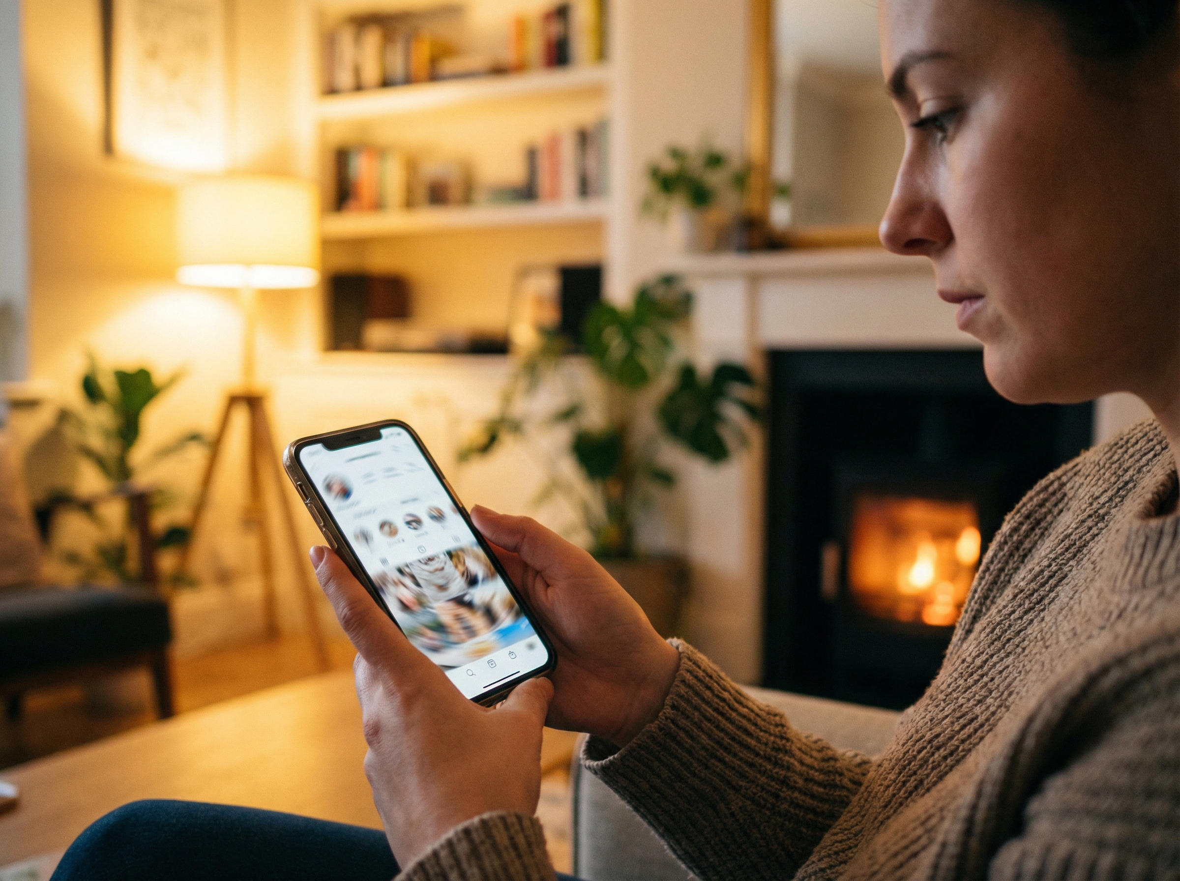 A high-quality lifestyle photo of a person holding a smartphone showing a blurred social media feed, symbolizing privacy concerns and digital safety, warm indoor lighting, 4:3, no visible text
