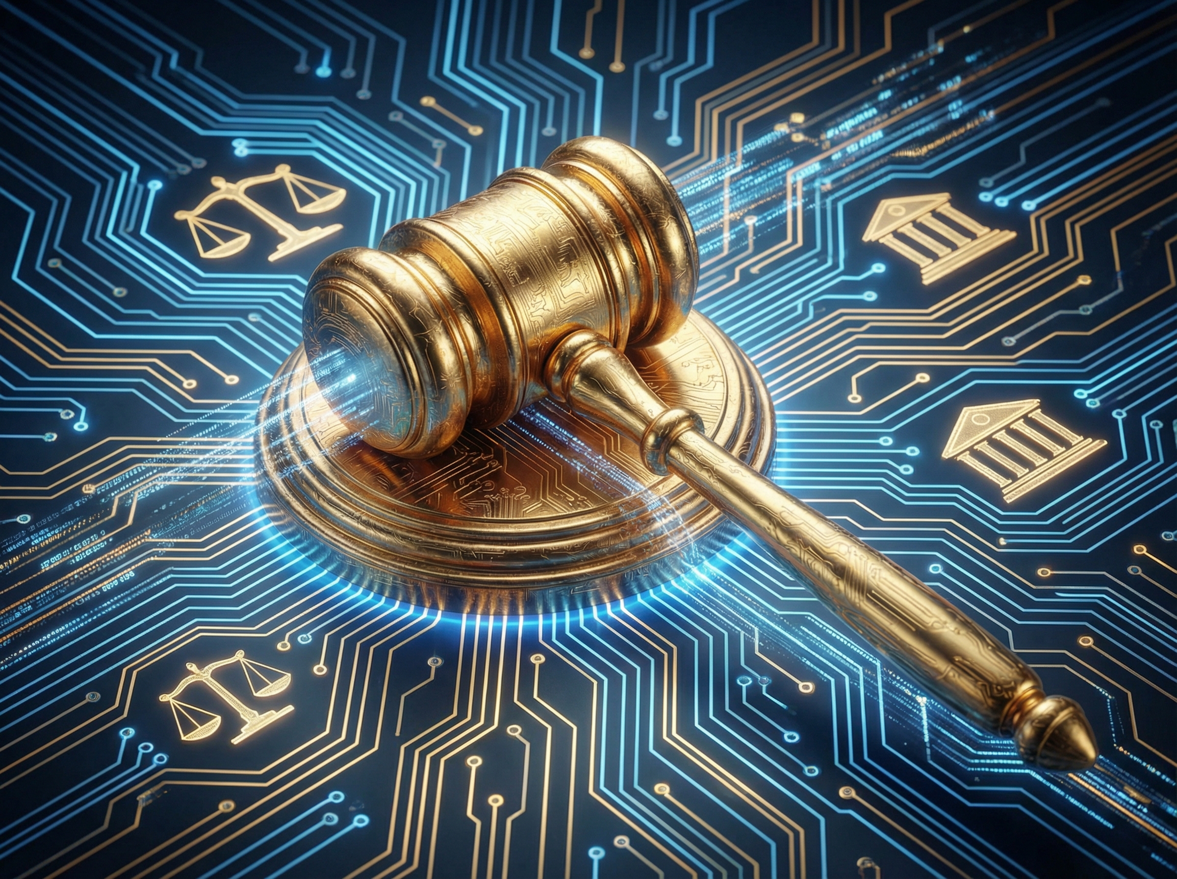 A 3D render of a golden gavel resting on a glowing digital circuit board, representing the intersection of law and technology, professional lighting, 4:3, no visible text
