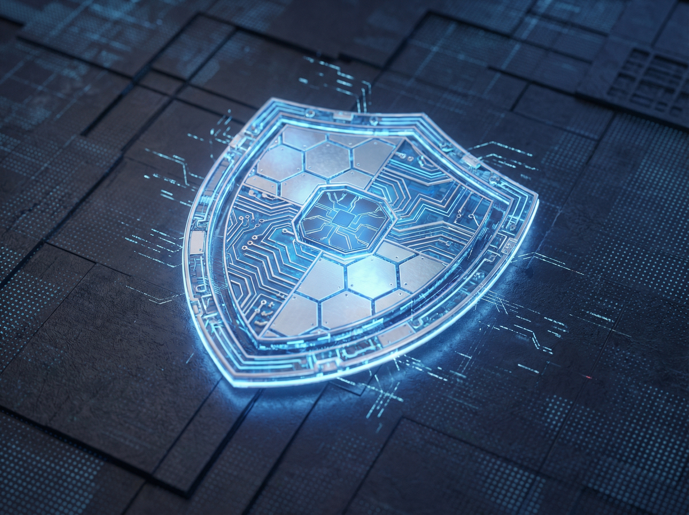 A futuristic digital shield icon glowing in blue and silver on a dark textured background, representing cyber security and protection, 4:3, no visible text