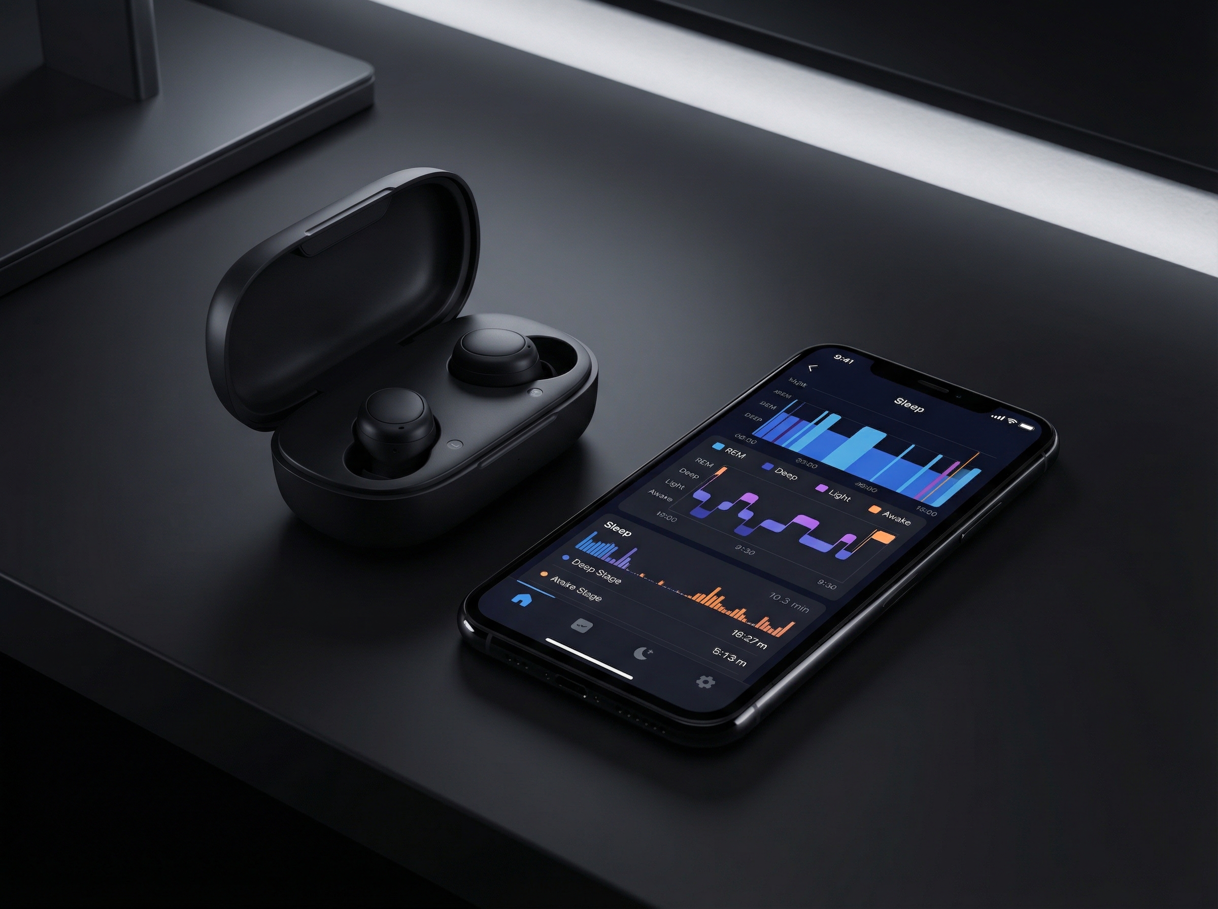 A modern tech-focused image showing a sleek Ozlo Sleepbuds charging case next to a smartphone displaying a detailed sleep analysis dashboard with charts and sleep stage icons. High contrast, clean layout, professional lighting. 4:3 aspect ratio, no text.