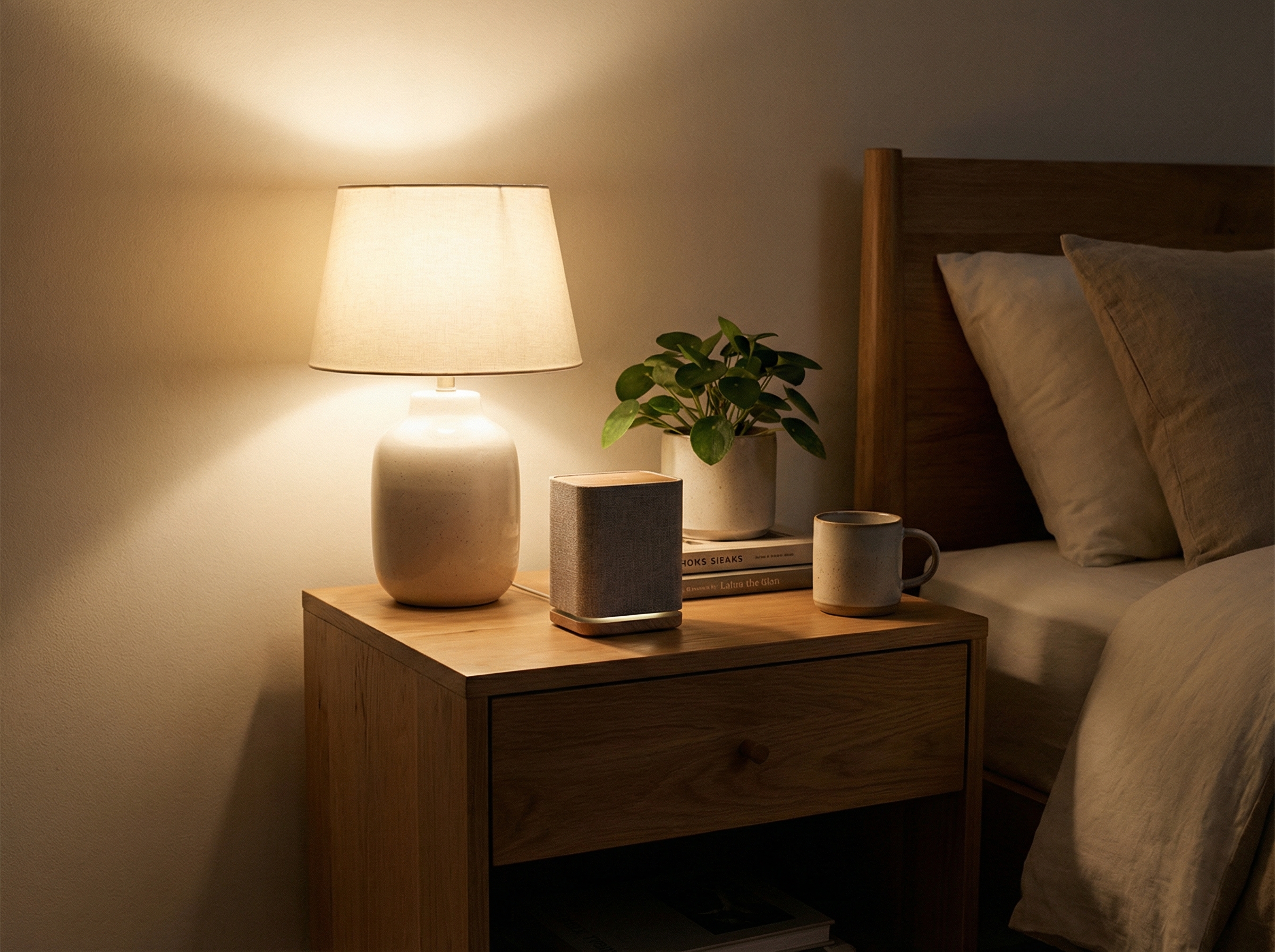 A cozy and modern bedroom nightstand with a small, elegant 4x6 inch smart speaker. The room has soft ambient lighting, and the speaker looks high-end and minimalist. Professional interior photography style. 4:3 aspect ratio, no text.