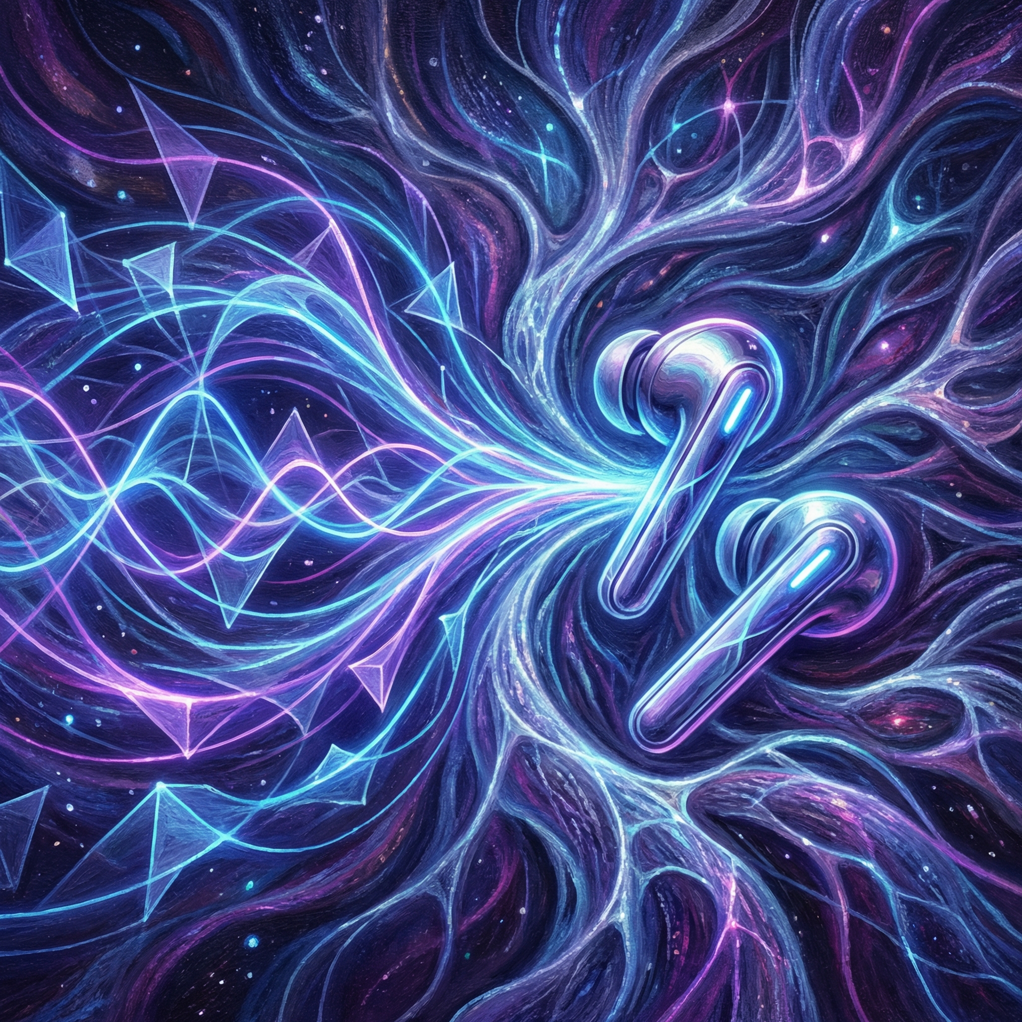An artistic rendering of abstract brain wave patterns and delta signals emerging from a pair of sleepbuds, symbolizing advanced neural monitoring. Vibrant blue and purple tones, textured background, futuristic feeling. 1:1 aspect ratio, no text.