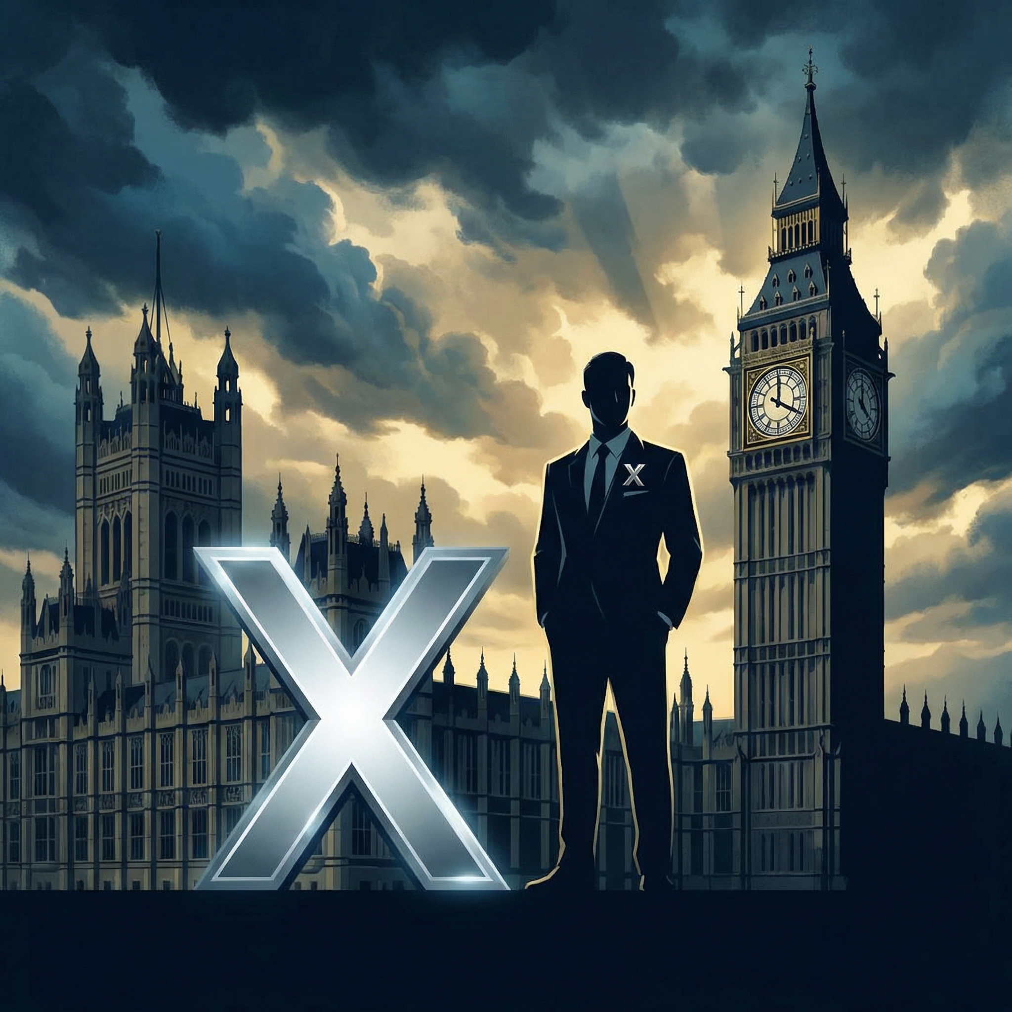 A professional and serious composition featuring a symbolic representation of Elon Musk and the X logo, placed next to the UK Parliament building under a dramatic sky. High contrast, modern digital media style, 1:1 aspect ratio, no visible text.