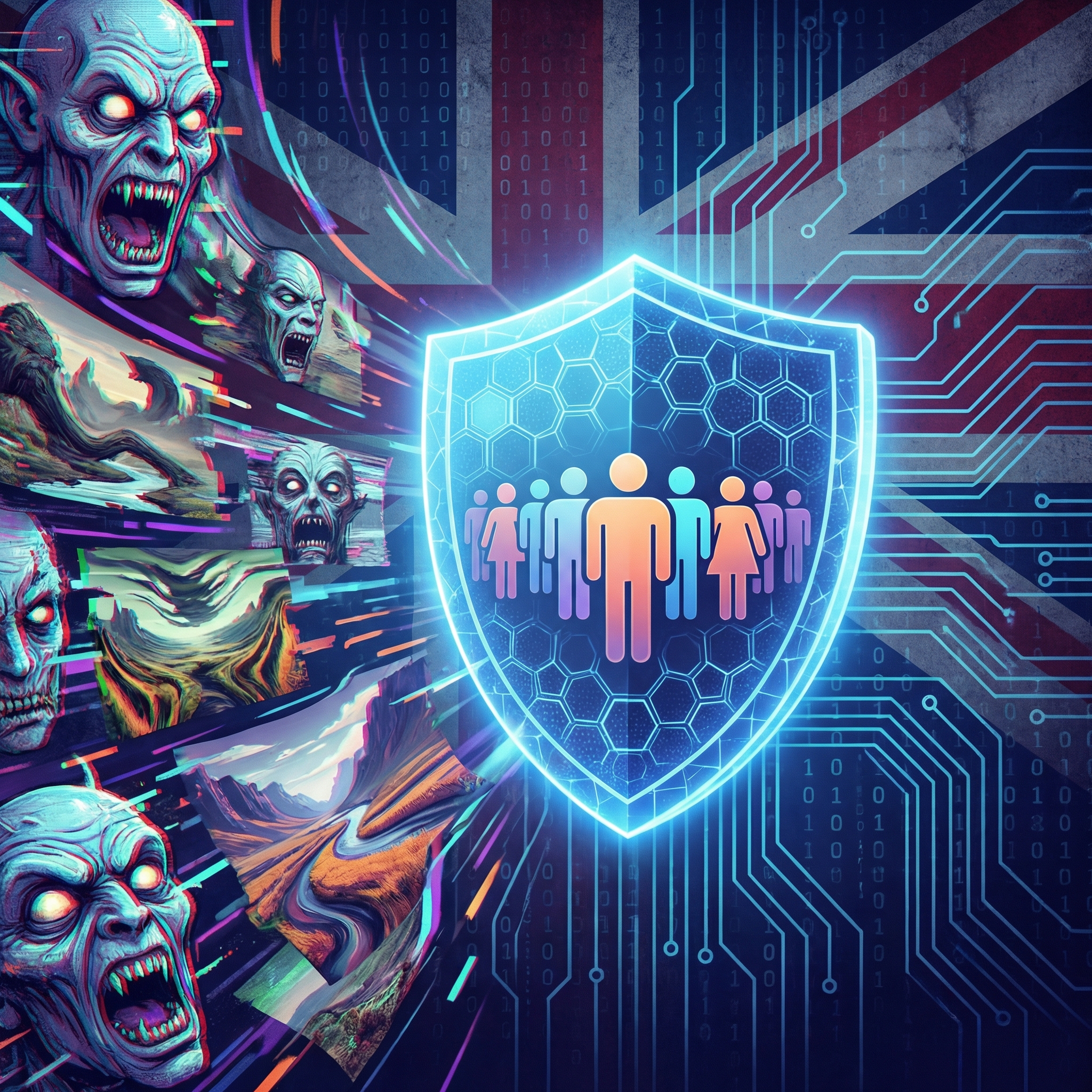 A conceptual image showing a digital shield protecting users from distorted AI-generated imagery, with a background featuring abstract binary codes and a subtle British flag pattern. Clean infographic style, 1:1 aspect ratio, no visible text.