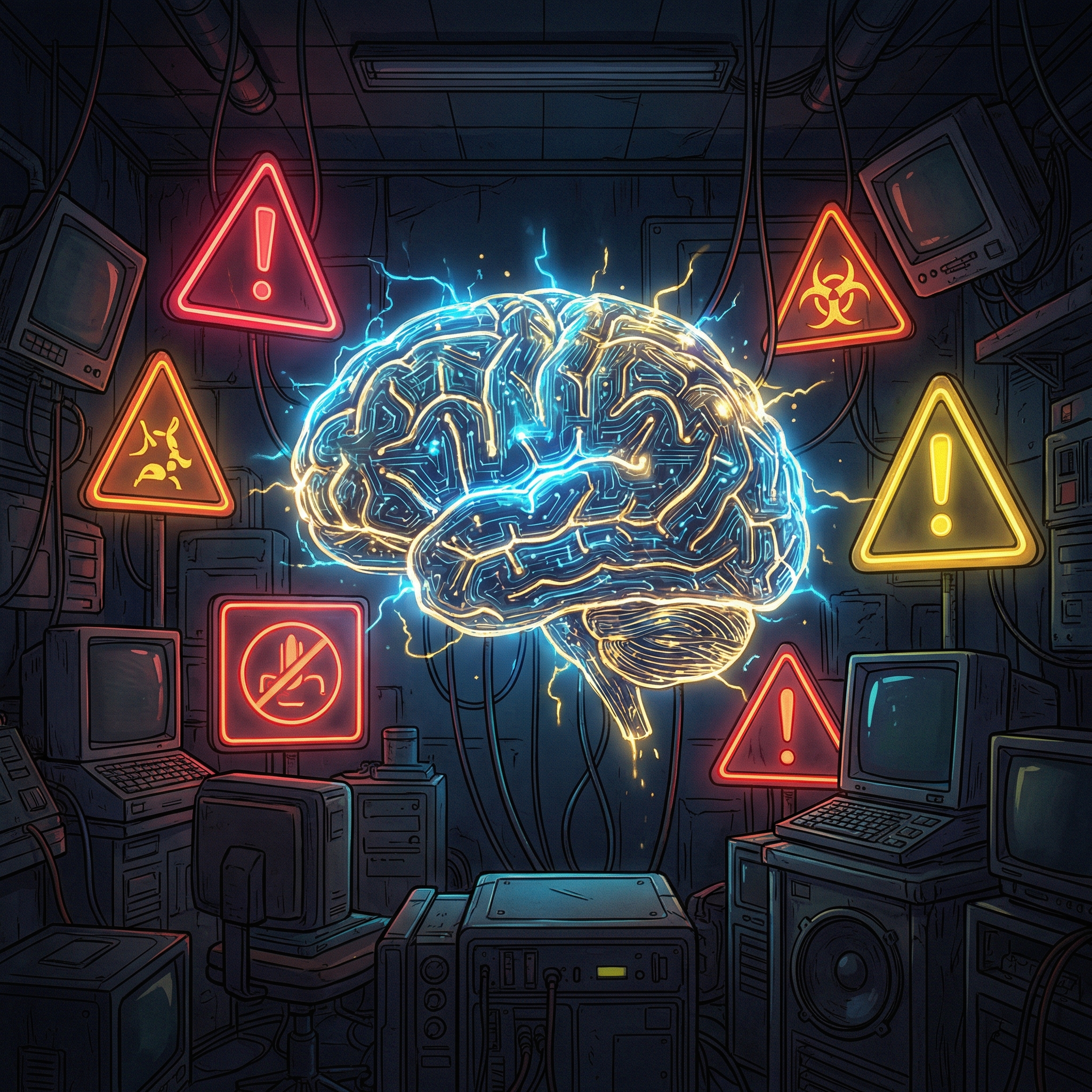 An artistic illustration showing a glowing AI brain inside a dark room, with caution signs glowing in neon colors. The atmosphere is tense and technological. High contrast, detailed composition, 1:1 aspect ratio, no visible text.