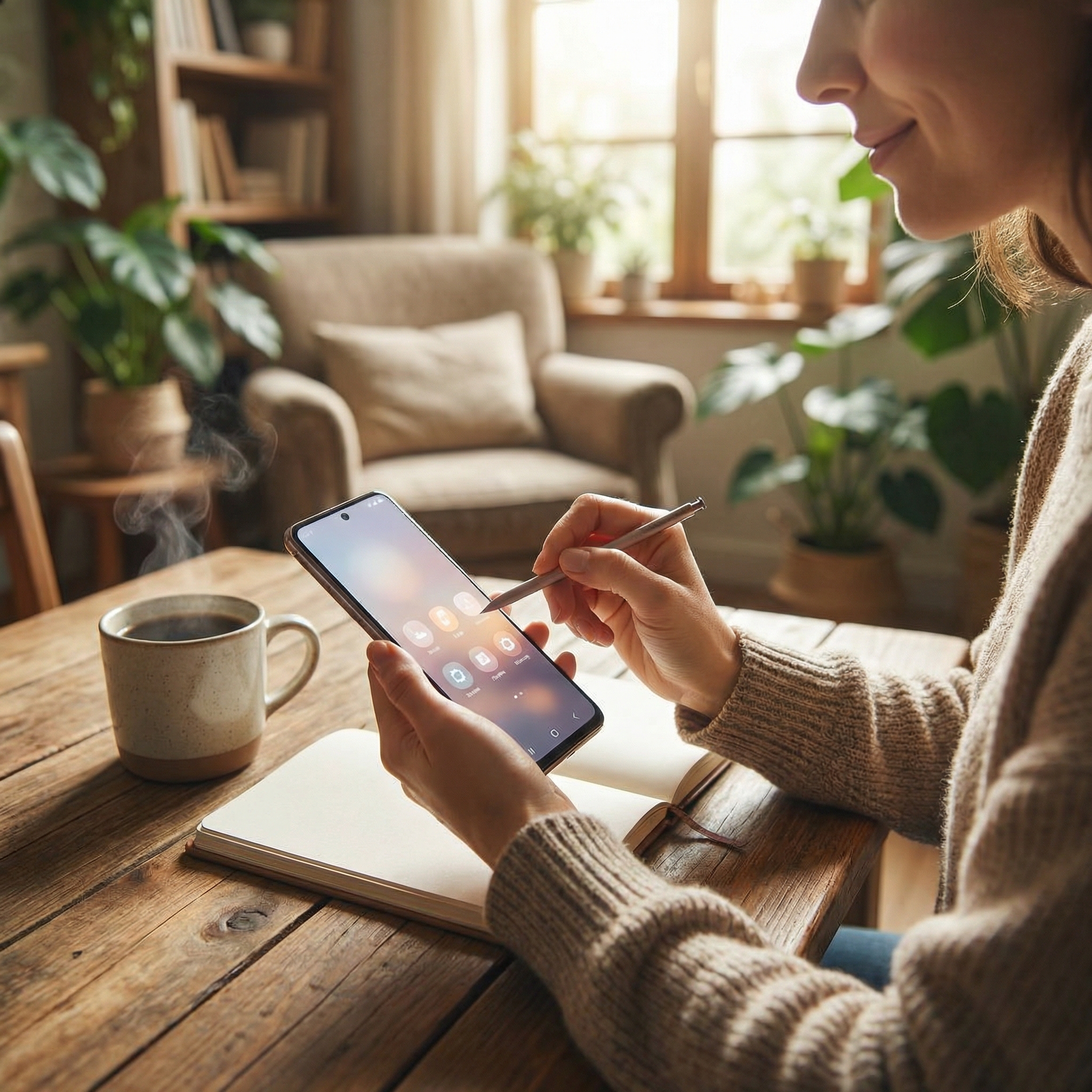 A lifestyle photograph of a person carefully adjusting privacy settings on a smartphone screen in a cozy, brightly lit home cafe. Warm lighting, natural setting, focus on digital safety and peace of mind, 1:1 aspect ratio, no visible text.