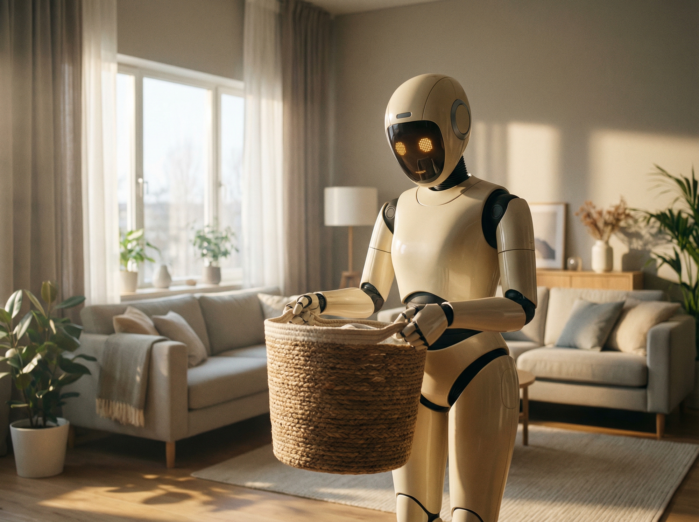 A sleek and friendly humanoid robot performing a simple household task like picking up a laundry basket in a sunny modern living room, soft morning light, realistic style, cinematic composition, high quality, aspect ratio 4:3, no text