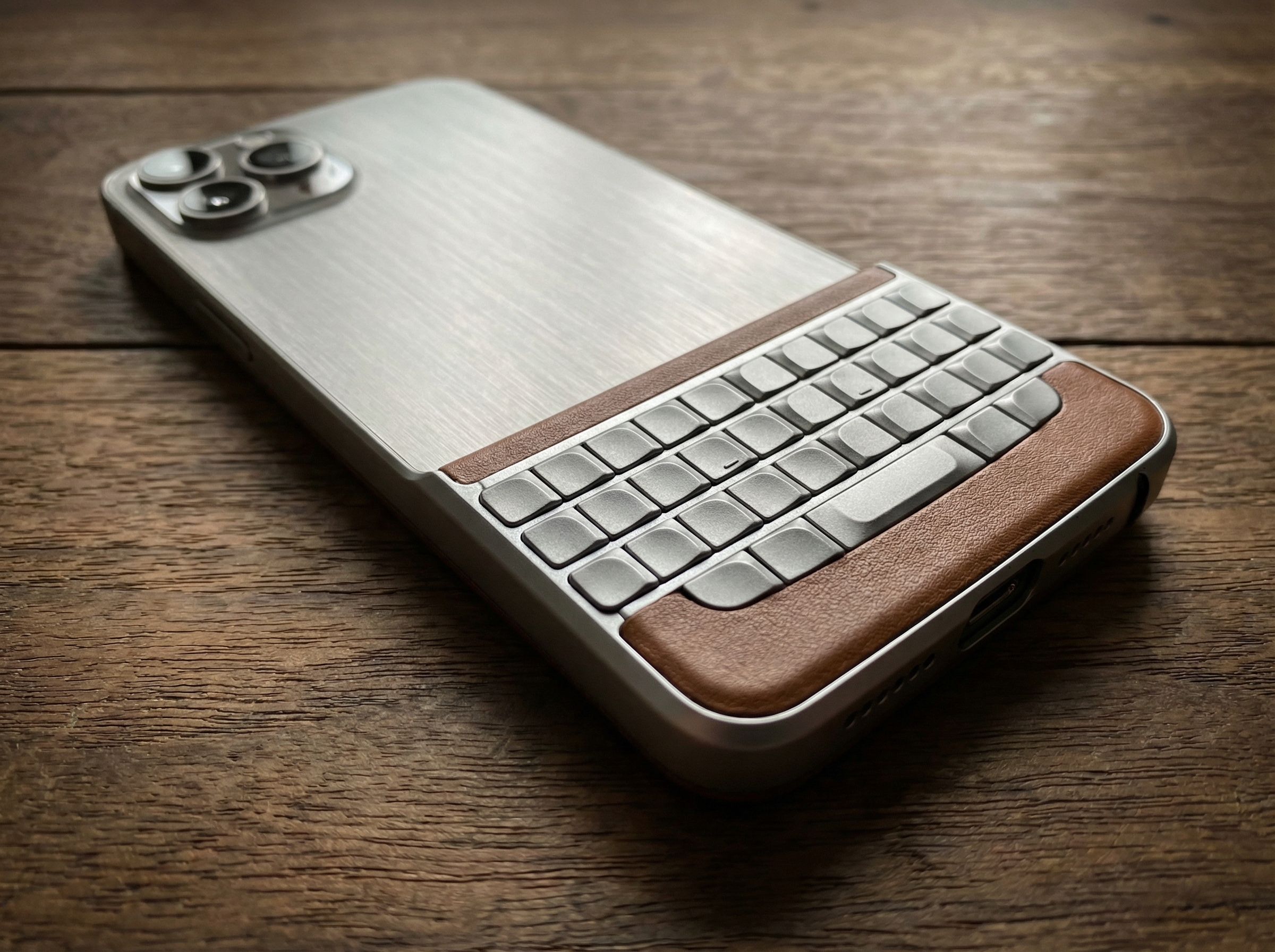 A close-up of a high-end smartphone equipped with a sleek integrated physical keyboard case, wooden desk background, professional photography, soft lighting, detailed texture of the keys, aspect ratio 4:3, no text