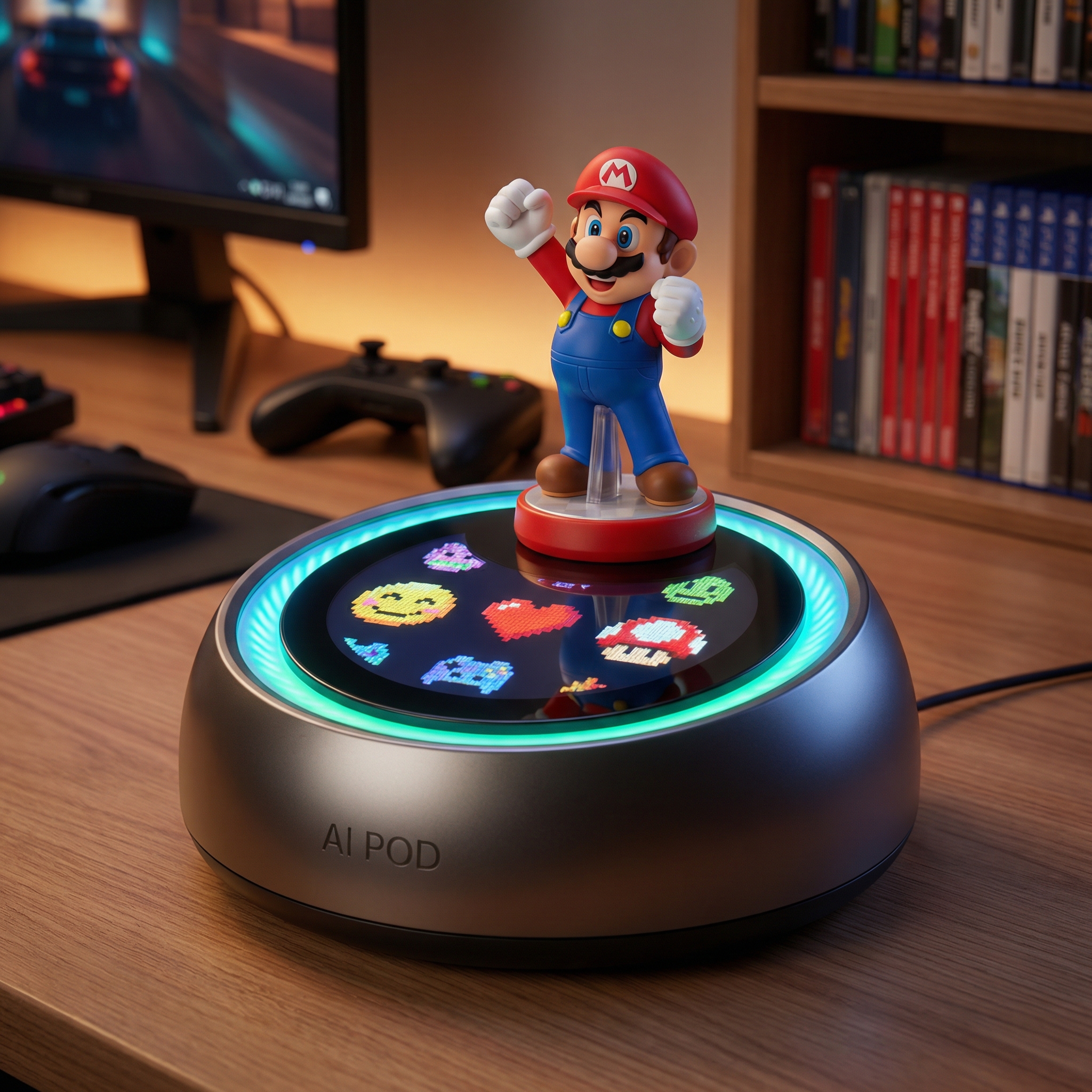 A high-tech smart base called AI Pod, specifically designed to hold a Nintendo Amiibo figurine. The base has a small circular screen displaying colorful emojis and a glowing light ring. A classic plumber figurine is sitting on top. The background is a cozy room with a gaming setup. 1:1 aspect ratio, clean product photography, no text.
