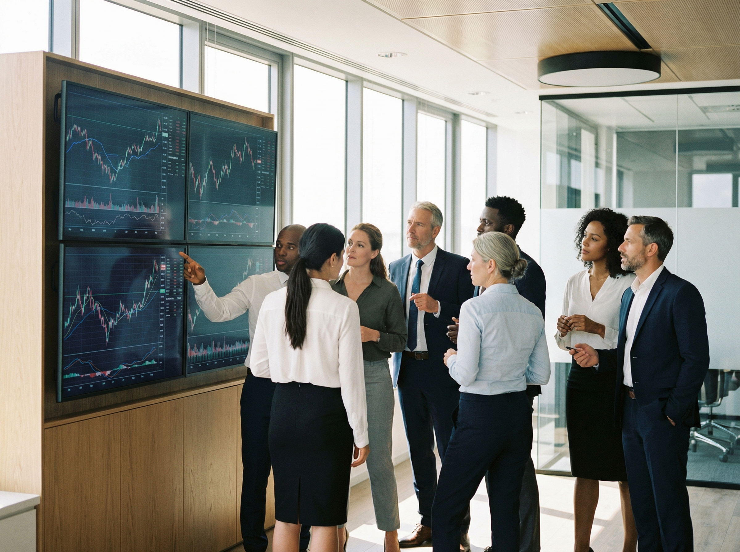 A diverse group of professional investors in a modern office looking at large digital screens showing fluctuating stock market data, focused and calm expressions, natural lighting, realistic photography, aspect ratio 4:3, no text