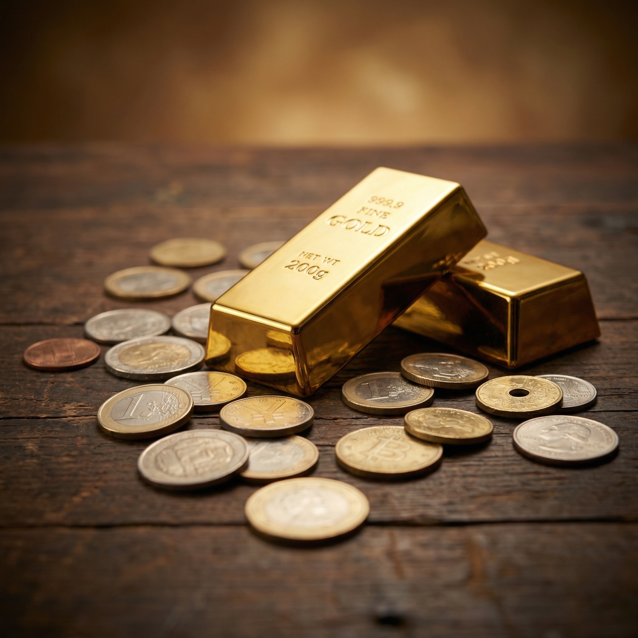 Close-up of shiny gold bars and various international coins on a dark wooden table with a soft light focus, premium and stable atmosphere, realistic texture, aspect ratio 1:1, no text