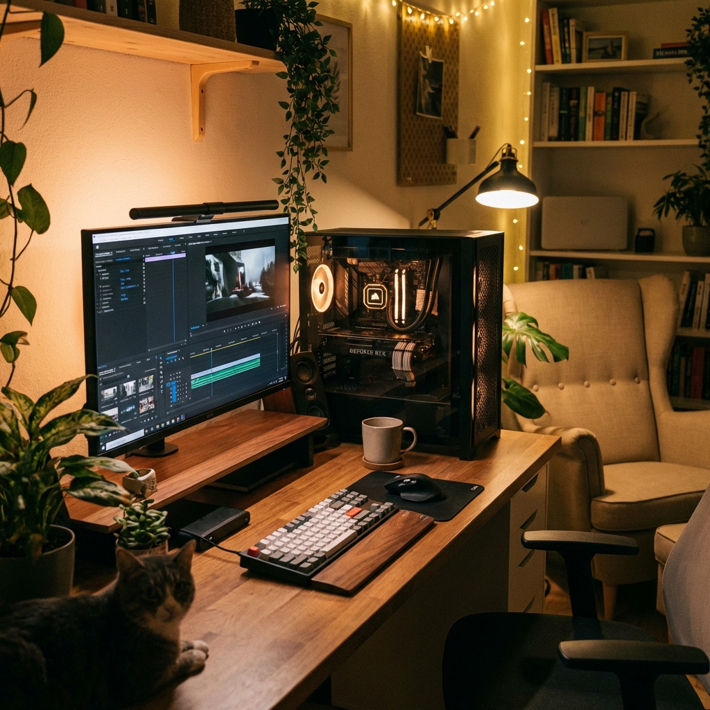 A cozy and modern home office with a powerful computer showing creative software, warm ambient lighting, plants on the desk, high quality lifestyle photography, 1:1 ratio, no text