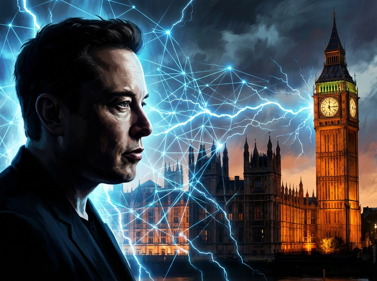 A cinematic digital illustration showing Elon Musk's profile on one side and the UK Parliament Big Ben on the other, connected by glowing blue digital network lines, a sense of tension and conflict, high contrast, 4:3 aspect ratio, no text.