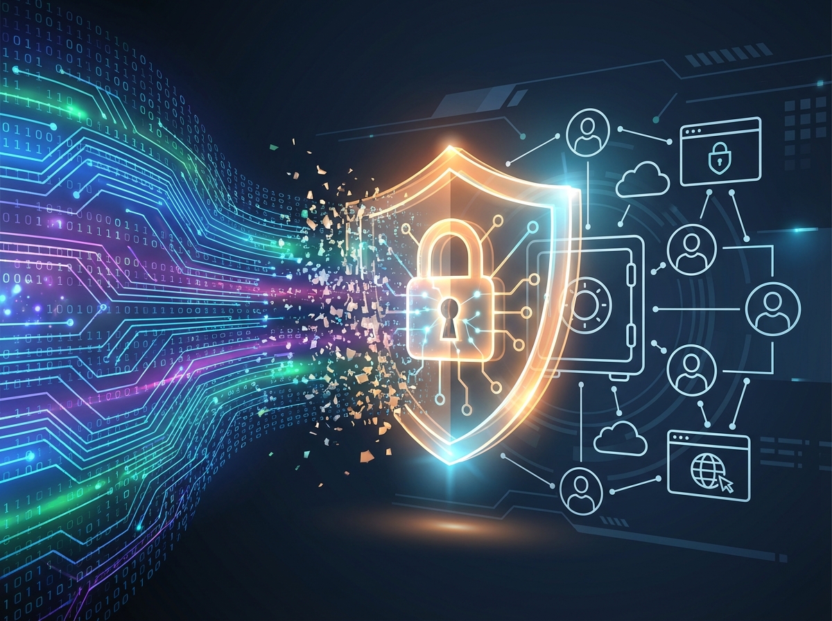 A modern infographic style illustration showing complex digital code being blocked by a glowing shield, representing online safety and regulation, vibrant colors, professional layout, 4:3 aspect ratio, no text.