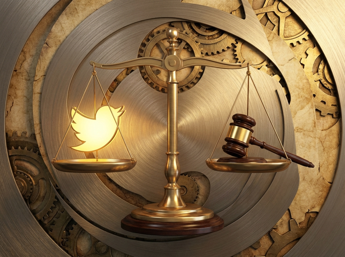 An artistic 3D rendering of a futuristic scale, balancing a golden bird logo on one side and a gavel representing law on the other, textured background, warm lighting, 4:3 aspect ratio, no text.