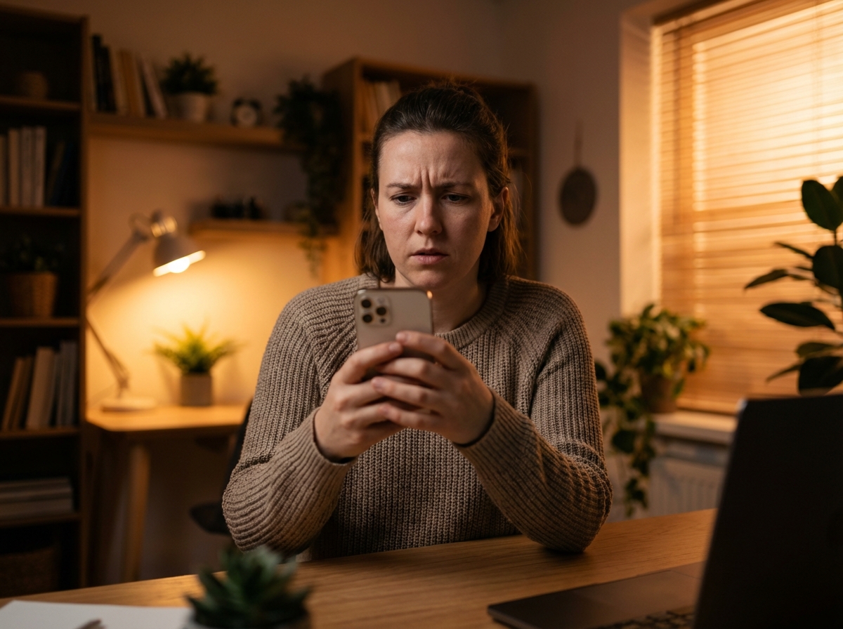 A realistic lifestyle photography of a person looking concerned while holding a smartphone in a modern home office setting, warm but moody lighting, focus on the expression of worry, no text, 4:3