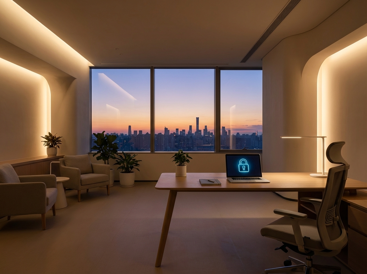 A clean and modern office interior with a wide window showing a sunset city view, soft lighting, a laptop open on a desk showing a security lock icon, futuristic and calm mood, 4:3