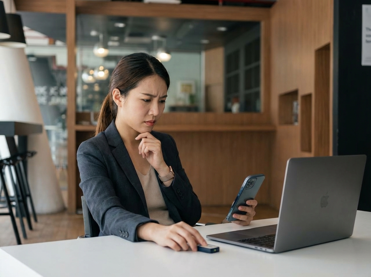 A Korean office worker sitting at a modern desk with a laptop, looking thoughtful and slightly concerned about digital security, realistic photography, soft indoor lighting, 4:3, no text