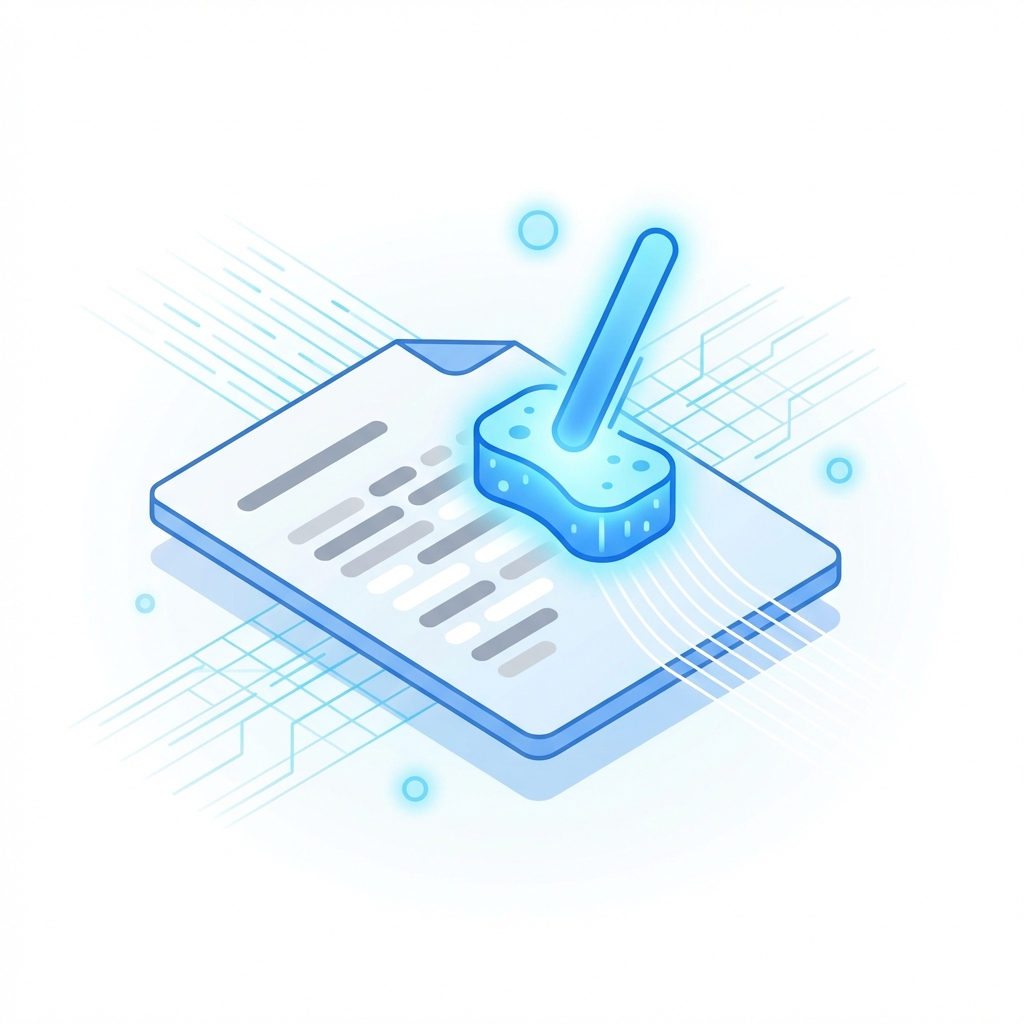 A conceptual illustration of a digital privacy tool scrubbing sensitive information from a document, clean modern layout, blue and white color palette, 1:1, no text