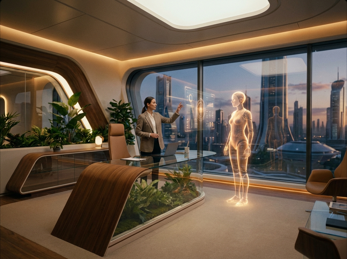 A futuristic office setting where a professional is working alongside an advanced holographic AI assistant, high-tech and sleek design, warm ambient light, 4:3, no text