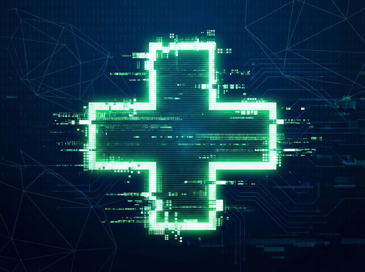A conceptual illustration of a medical green cross with digital glitch effects and pixelated edges. The background is a dark blue tech-themed gradient. Modern layout, high contrast, clean infographic style, 4:3 aspect ratio, no visible text.