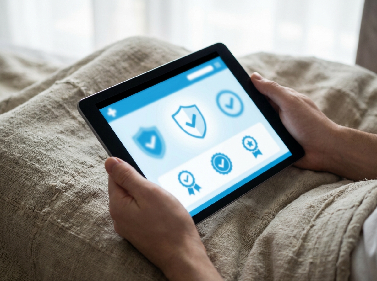 Close up of hands holding a tablet showing a clean medical portal with trust badges and verified icons. Soft natural lighting, textured background, high-quality artistic rendering, 4:3 aspect ratio, no visible text.