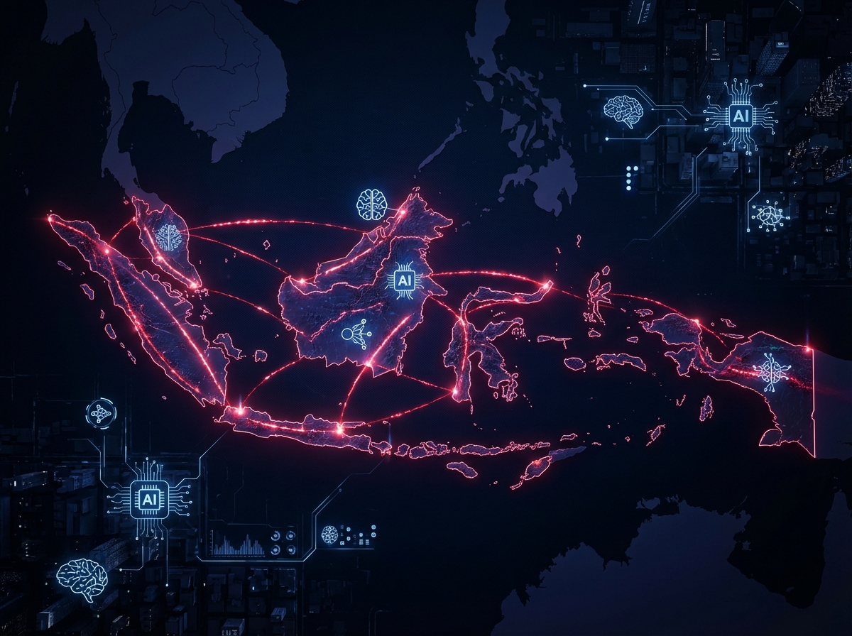 A cinematic high-tech digital map of Indonesia and Malaysia with glowing red barrier lines, abstract artificial intelligence icons, modern dark background, 4:3 aspect ratio, no text.