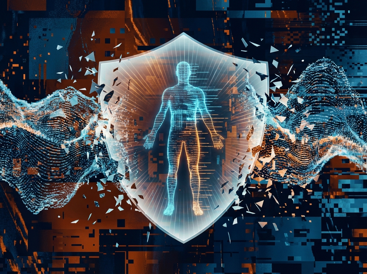 An abstract conceptual illustration showing a digital human silhouette protected by a glowing shield against distorted pixelated waves, soft blue and orange lighting, high contrast, 4:3 aspect ratio, no text.