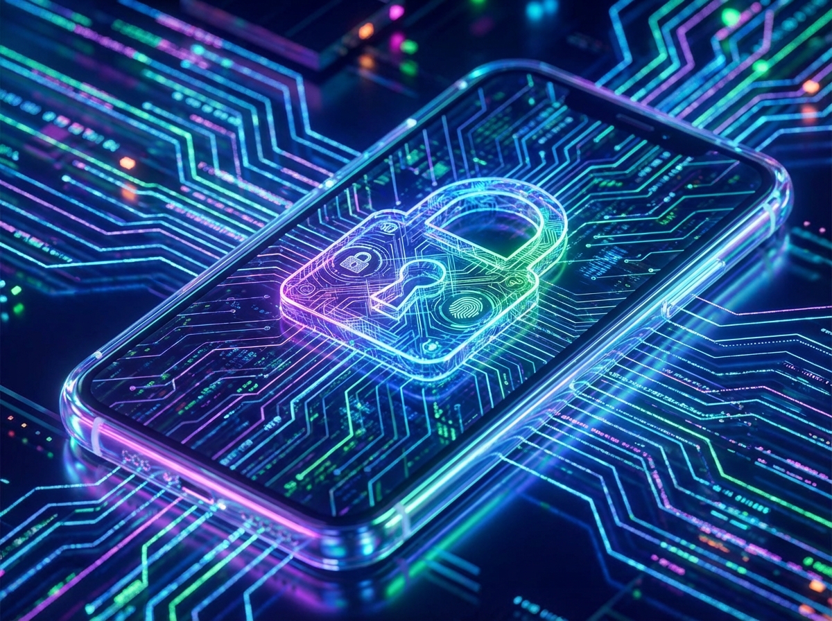 A futuristic smartphone displaying a complex security lock icon with digital data streams in the background, vibrant neon lighting, macro shot, 4:3 aspect ratio, no text.