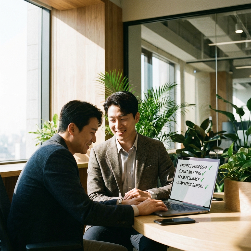 A Korean male office worker in a bright modern office looking at his laptop screen with a satisfied expression. The screen shows a simplified list of tasks with checkmarks. Natural sunlight coming through a window, professional lifestyle photography, 1:1 aspect ratio, no text.