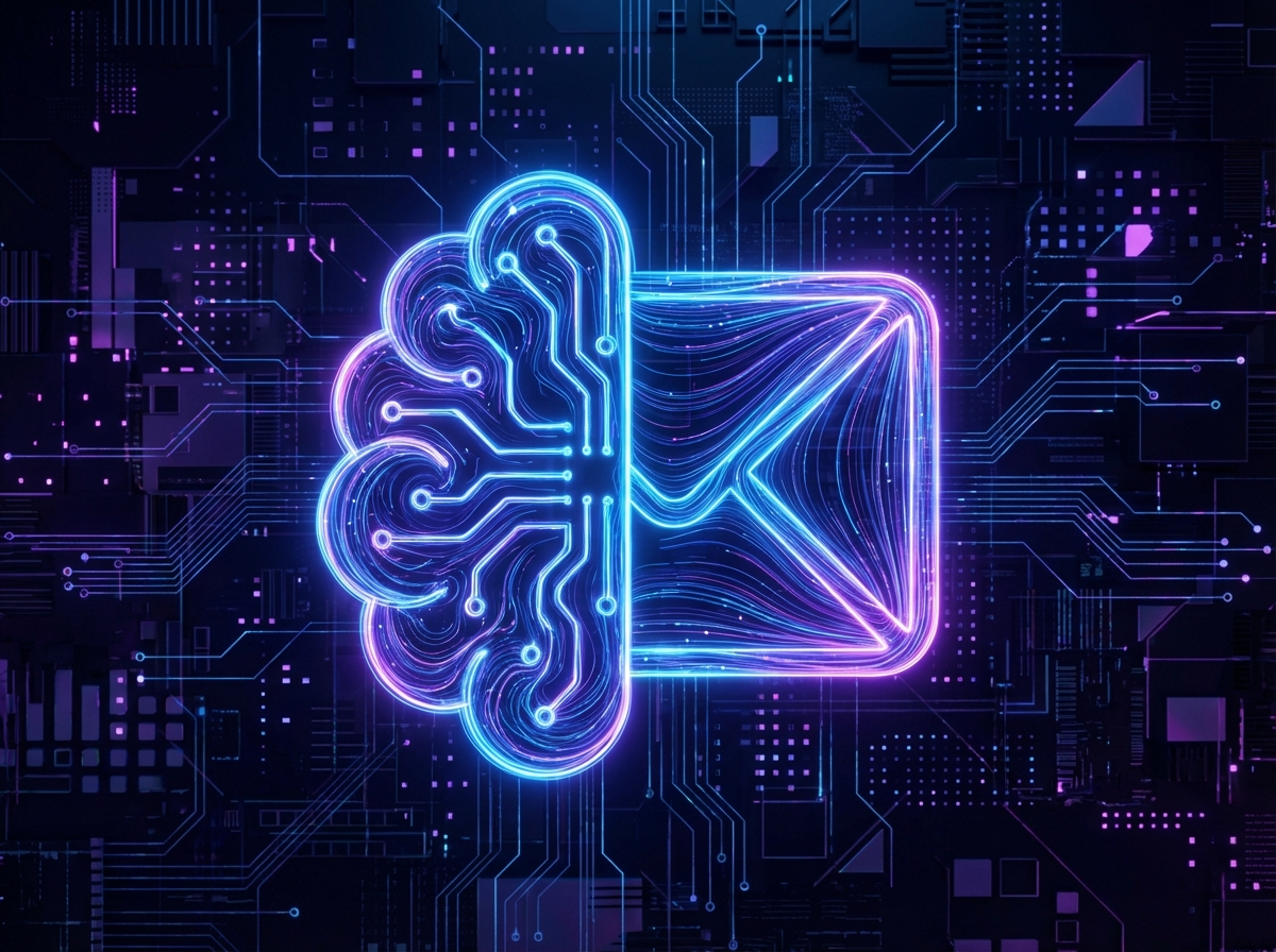 A creative and artistic conceptual illustration of an AI icon merging with an envelope symbol. Glowing blue and purple neon lights with a dark tech background. Futuristic and sophisticated aesthetic, centered focus, 4:3 aspect ratio, no text.