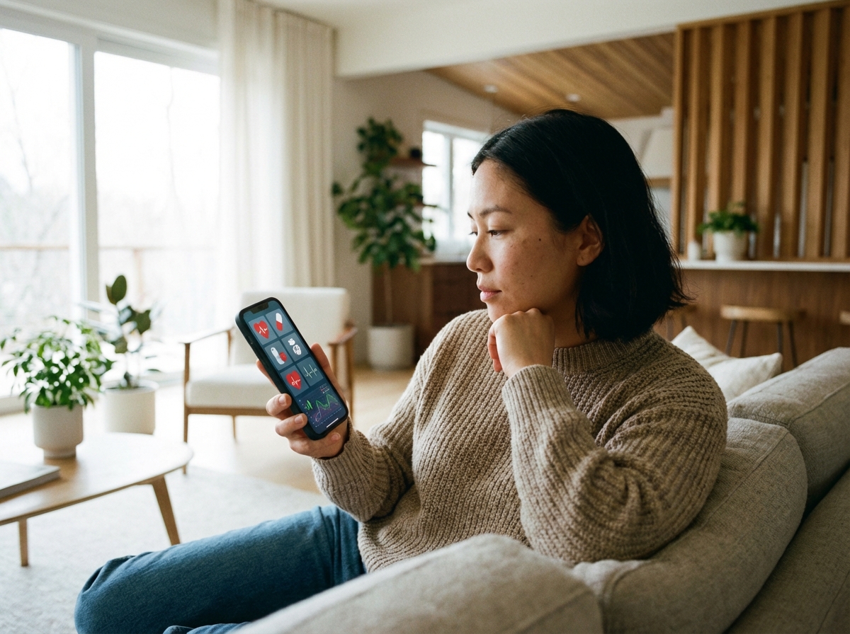 A person looking at a smartphone screen displaying medical symbols and health data in a modern living room, soft natural lighting, high-quality lifestyle photography, 4:3 aspect ratio, no text