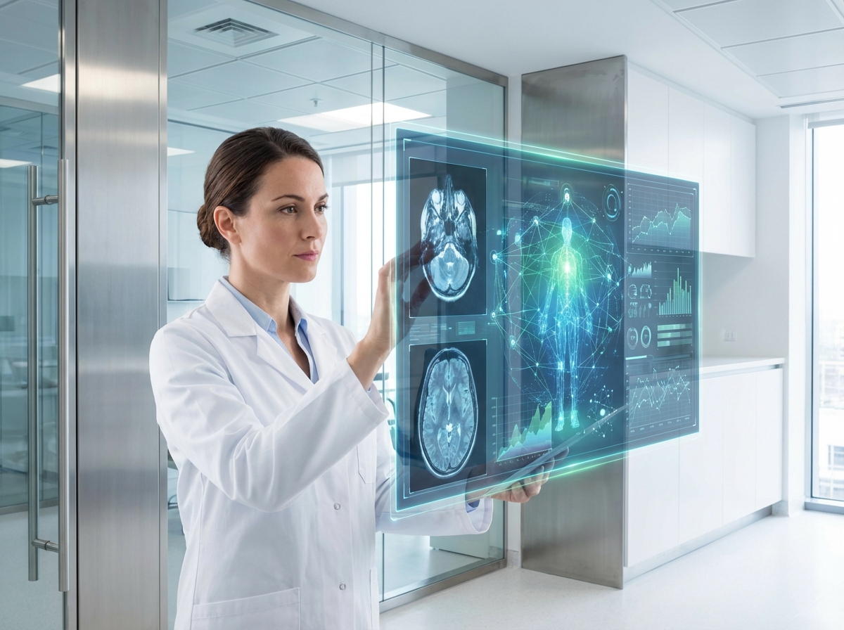 A professional clinician in a white coat looking at a holographic medical data display in a high-tech medical office, clean infographic style, bright and modern atmosphere, 4:3 aspect ratio, no text