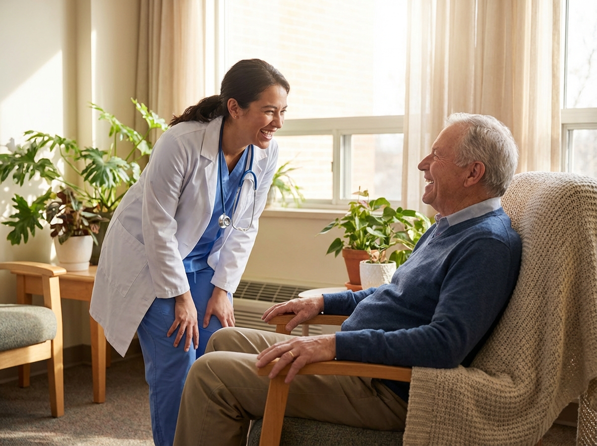 A friendly doctor talking to a patient in a warm and natural hospital setting, lifestyle photography, soft lighting, feeling of trust and safety, 4:3 aspect ratio, no text