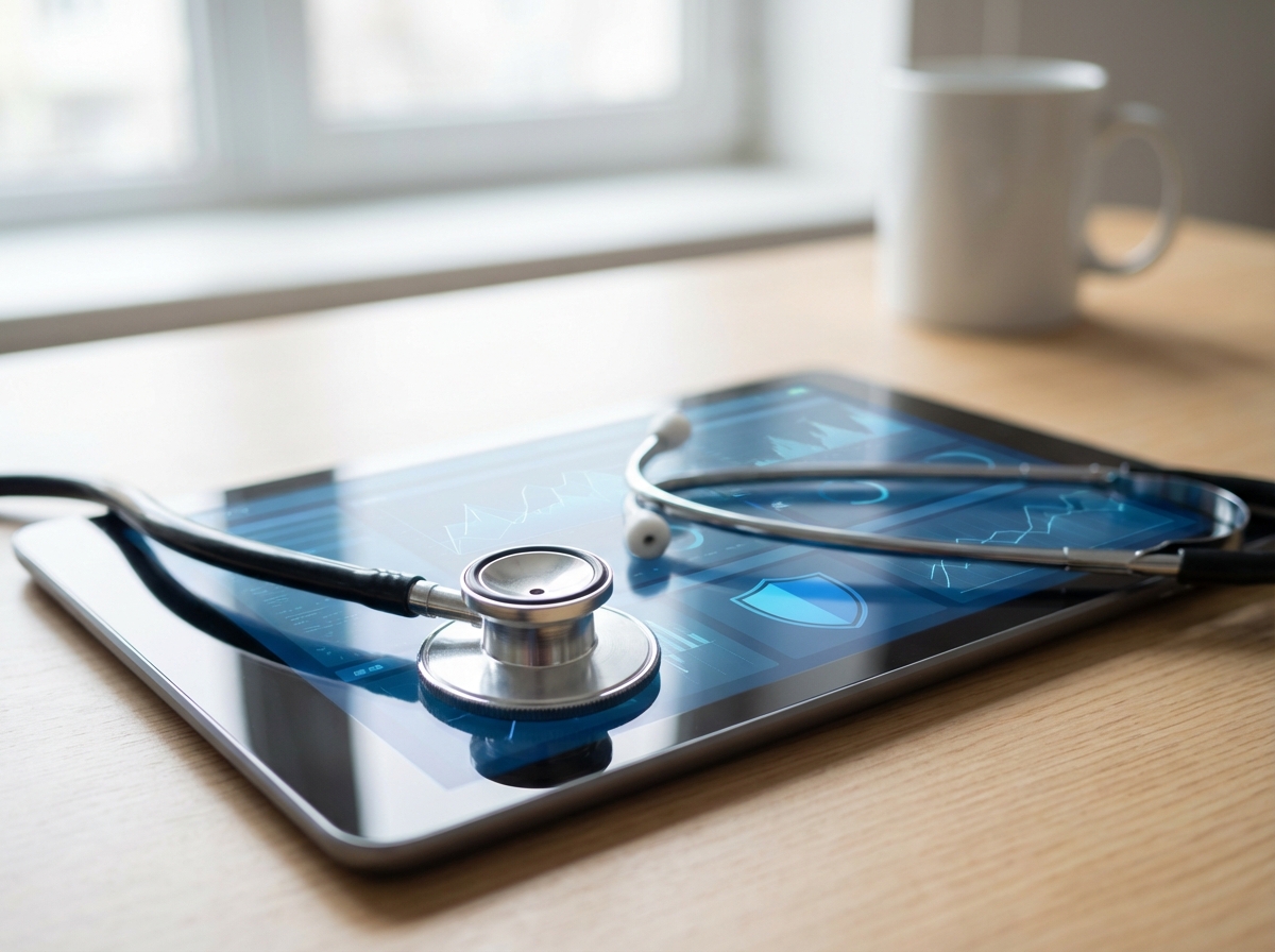 A stethoscope lying on a digital tablet displaying medical charts and a blue shield icon, clean and professional layout, soft natural lighting, 4:3 aspect ratio, no text