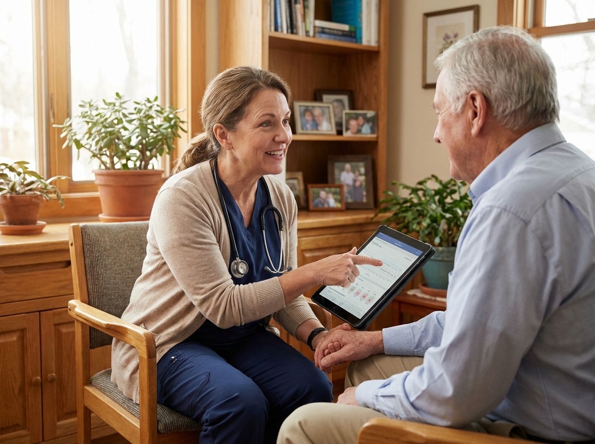 A doctor explaining medical results to a patient in a friendly office environment, warm and reassuring atmosphere, realistic photography, 4:3 aspect ratio, no text
