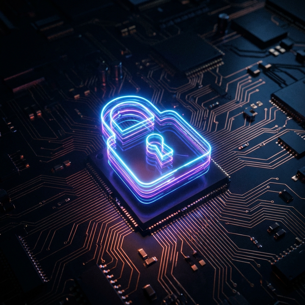 A professional cyber security concept with a glowing neon digital padlock icon on a dark circuit board background, high contrast, cinematic lighting, 1:1 aspect ratio, no text.