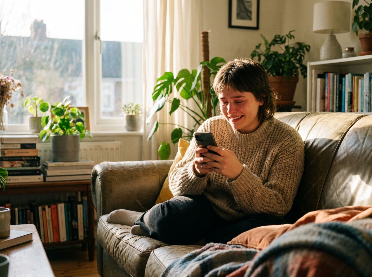 A young adult looking at a smartphone screen with a relieved expression in a cozy living room, warm natural sunlight through the window, lifestyle photography, 4:3 aspect ratio, no text.