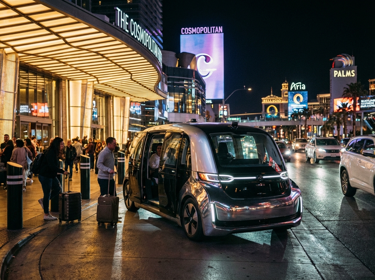 A sleek modern robotaxi picking up passengers at a luxury hotel entrance in Las Vegas at night, vibrant neon signs and architecture in background, cinematic warm lighting, realistic photography, 4:3 aspect ratio, no text