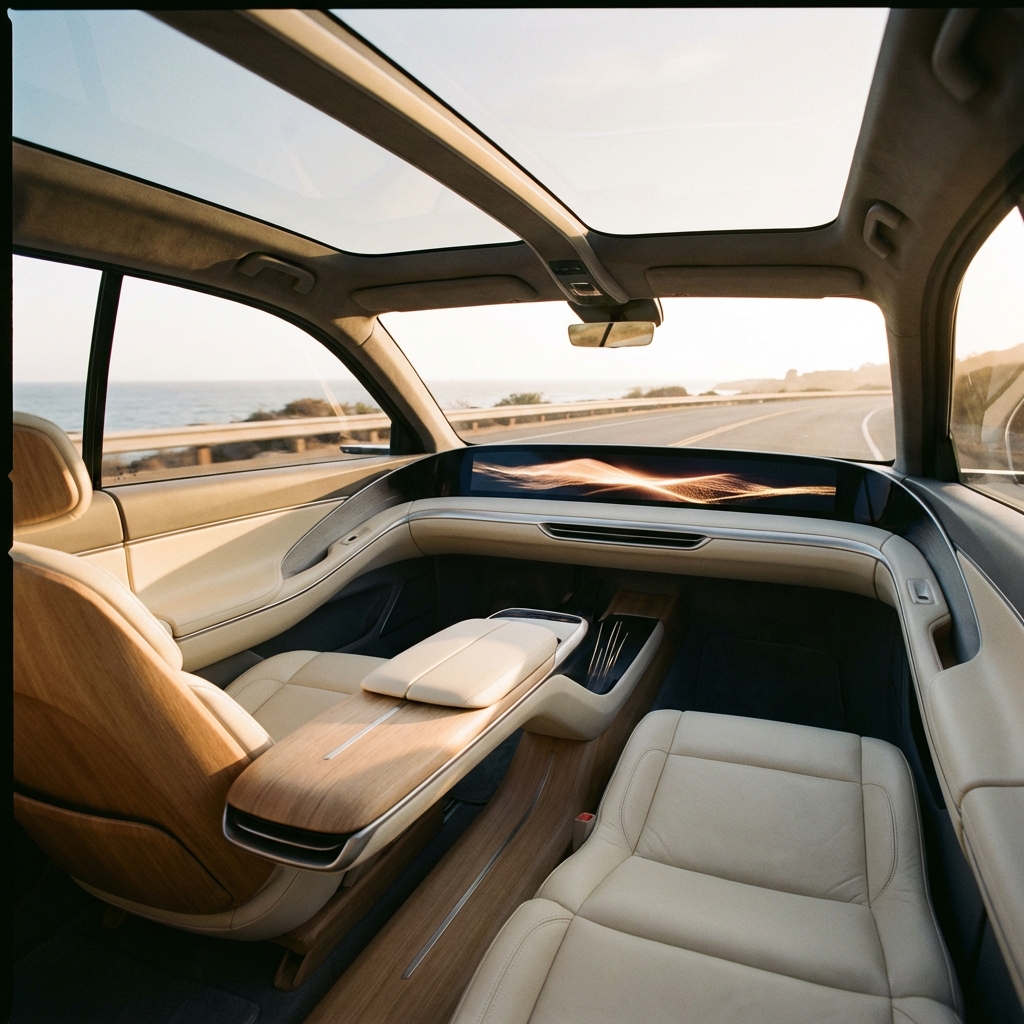 High-end interior of a futuristic autonomous personal car with no steering wheel, luxury lounge seating, minimalist digital dashboard, warm sunlight through windows, 1:1 aspect ratio, realistic photography, no text