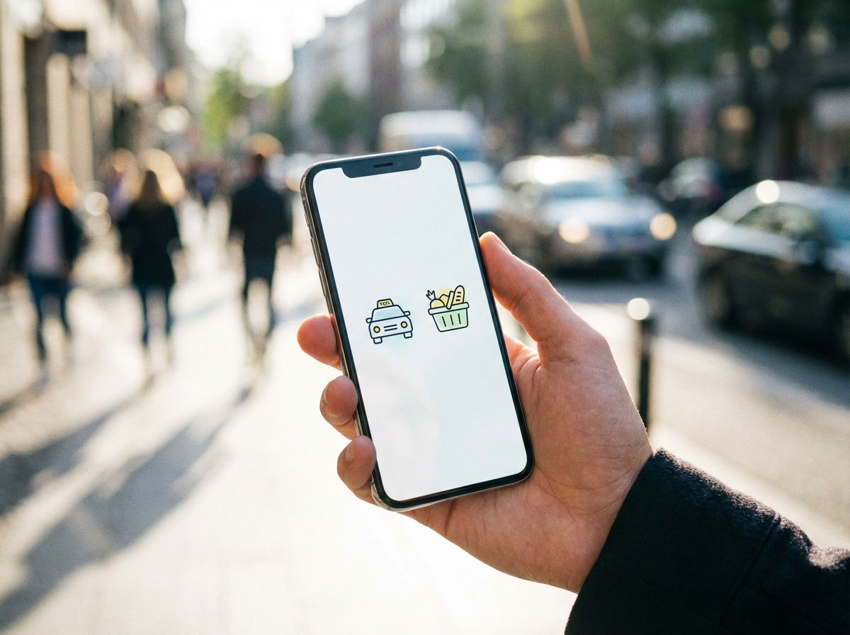 A high-quality lifestyle photo of a person's hand holding a modern smartphone displaying a sleek mobile app interface with icons for taxi hailing and grocery delivery, bright and clean UI design, blurred city background, natural lighting, 4:3 aspect ratio, no text.