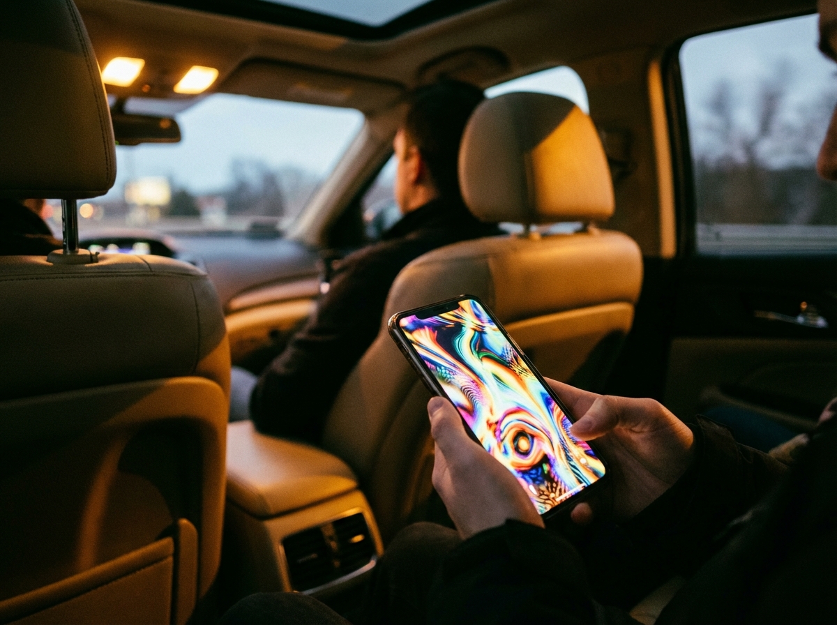 A realistic photo from the perspective of a passenger in the backseat of a car looking at a smartphone screen, the screen shows a non-textual colorful advertisement, warm interior lighting, soft focus on the car interior, high contrast, 4:3 aspect ratio, no text.