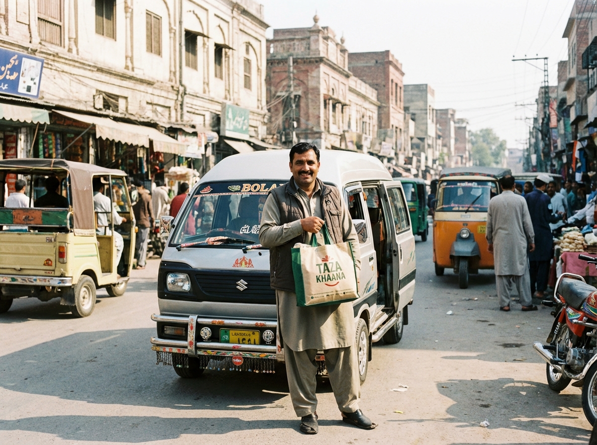A professional photography of a delivery person standing next to a vehicle in a vibrant city street in Pakistan, holding a branded grocery bag, bright daylight, busy urban atmosphere, rich colors, detailed background, 4:3 aspect ratio, no text.