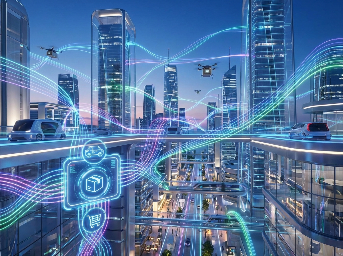 A futuristic and artistic rendering of a digital ecosystem connecting transportation, delivery, and commerce in a bustling city, vibrant glowing lines connecting different nodes, modern and clean aesthetics, high resolution, 4:3 aspect ratio, no text.