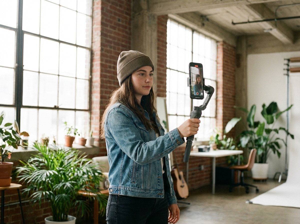 A young creative media professional holding a smartphone on a stabilizer, recording a vertical video in a stylish urban studio, soft natural lighting, lifestyle photography, 4:3 aspect ratio, no visible text