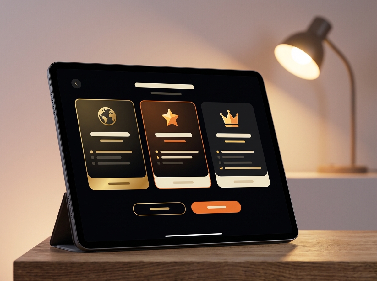 A sleek tablet showing a clean mobile app interface with premium news subscription options, modern graphic design, high contrast, warm studio lighting, 4:3 aspect ratio, no visible text