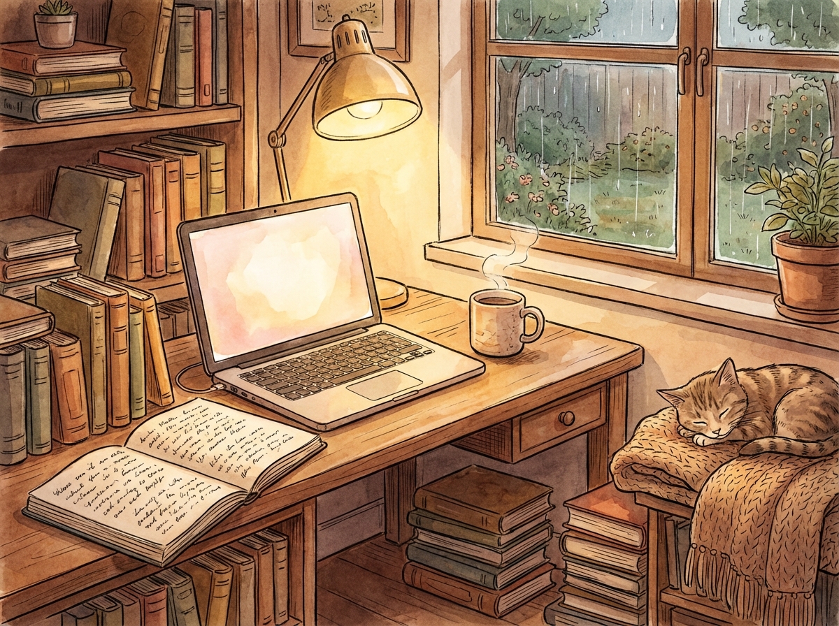 A cozy and warm home office with an open laptop, a notebook with handwriting, a cup of coffee, and some books, human-centric storytelling atmosphere, artistic rendering, 4:3 aspect ratio, no visible text