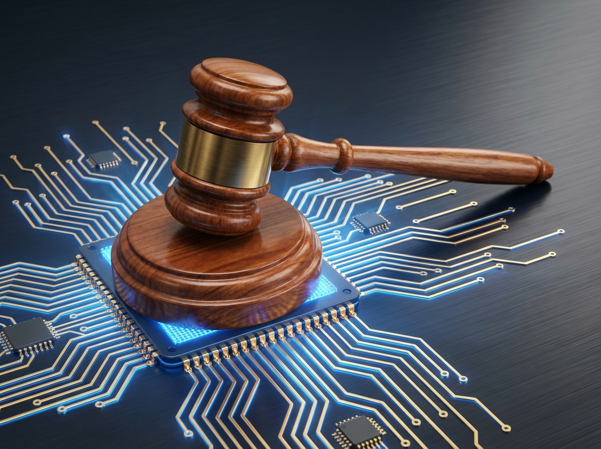 A wooden gavel resting on a glowing digital circuit board, symbolizing law and technology regulation, professional photography style, sharp focus, 4:3, no text